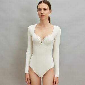 Abercrombie & Fitch Ivory Ribbed Plunge Knit Long Sleeve Bodysuit Size Small‎